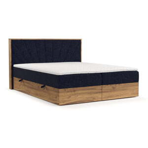 Sötétkék-natúr színű ágyneműtartós boxspring ágy 200x200 cm Asahi – Maison de Rêve